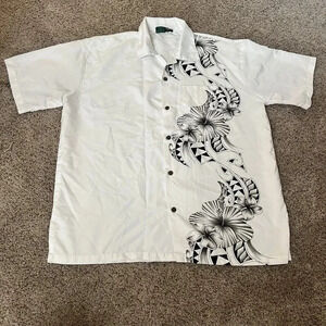 Makani Hawaii Shirt Mens Large White B&W Floral Microfiber Hawaiian Aloha Tribal